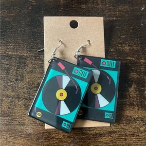 Retro Vinyl Record Earrings - Black and Teal